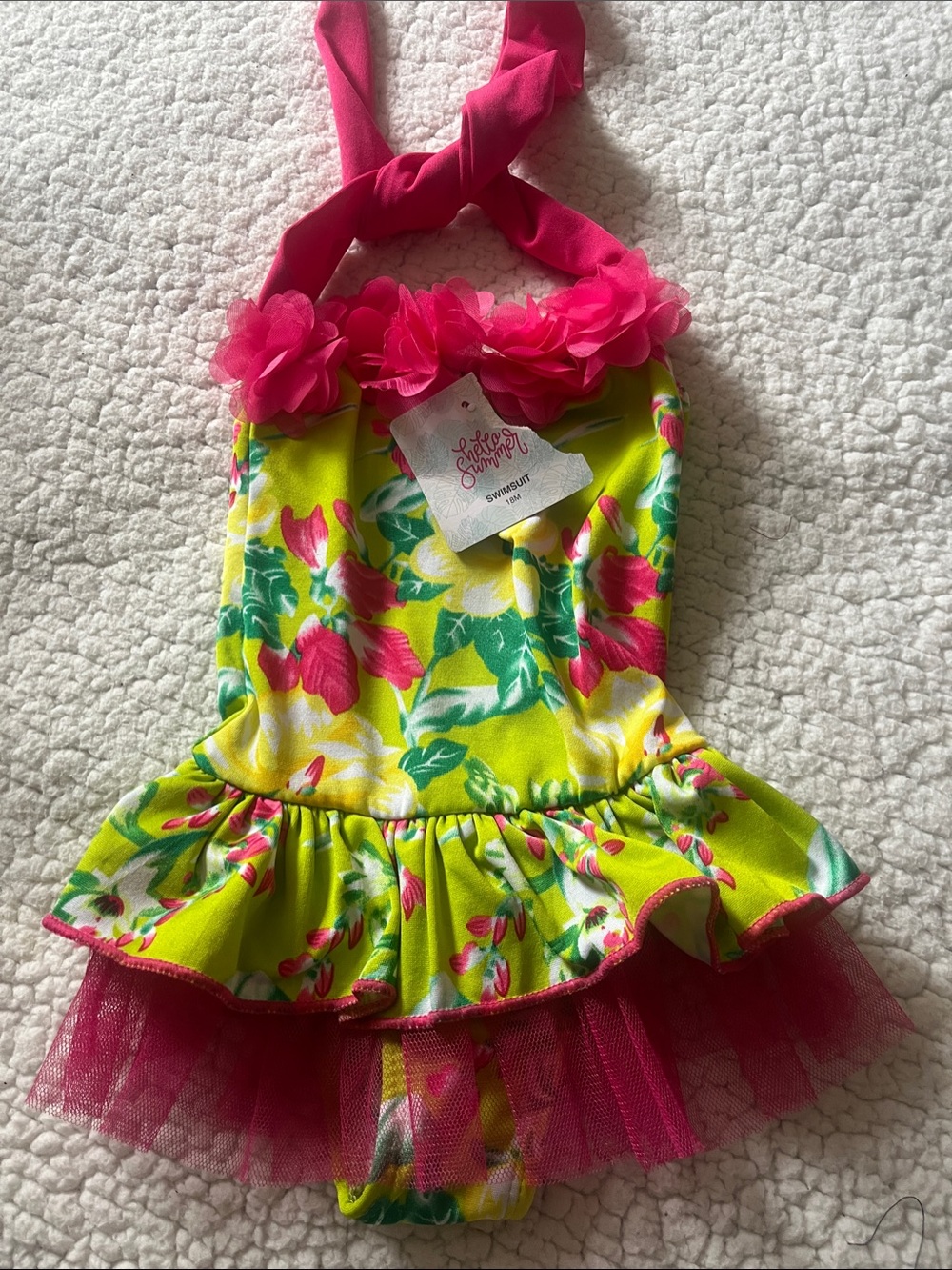 Sheer Shimmer baby  Floral Halter Swimsuit Bright Yellow & Hot Pink